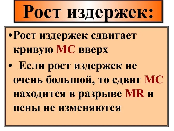 Рост издержек: Рост издержек сдвигает кривую МС вверх Если рост издержек