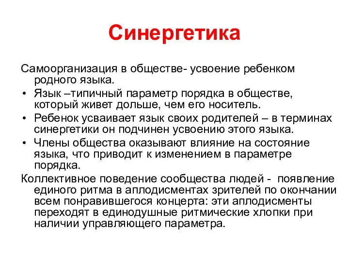 Синергетика Самоорганизация в обществе- усвоение ребенком родного языка. Язык –типичный параметр