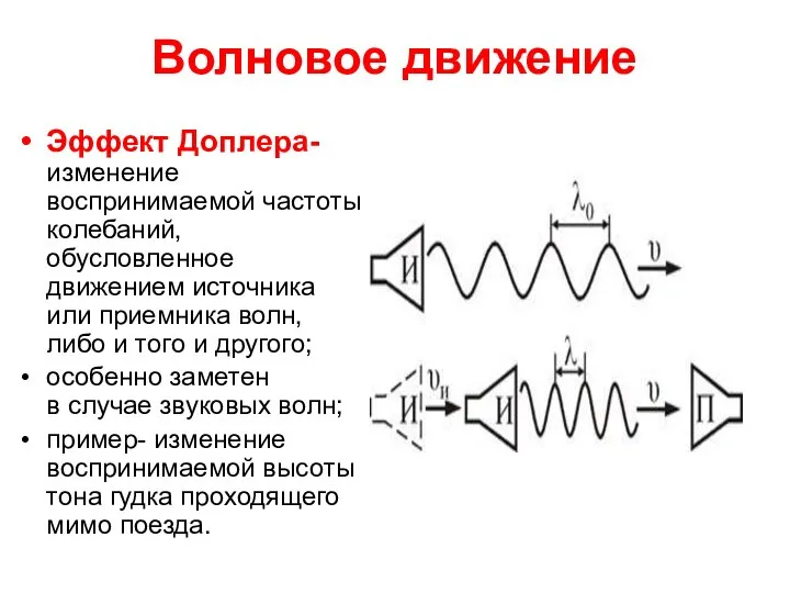 Волновое движение Эффект Доплера- изменение воспринимаемой частоты колебаний, обусловленное движением источника