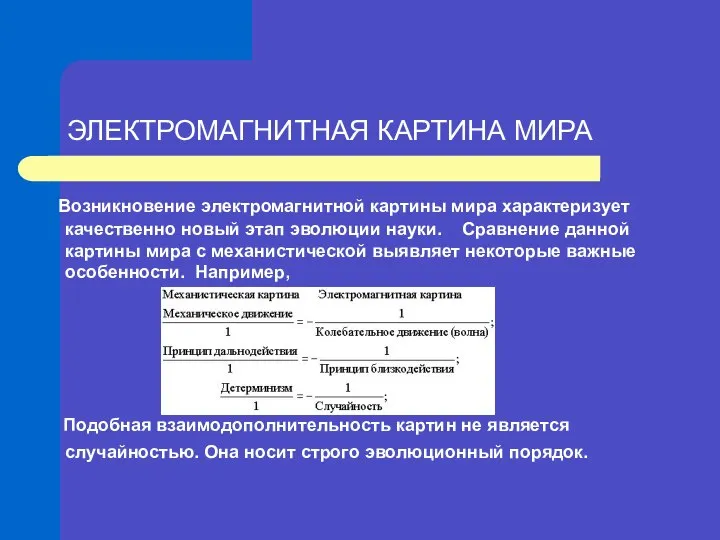 ЭЛЕКТРОМАГНИТНАЯ КАРТИНА МИРА Возникновение электромагнитной картины мира характеризует качественно новый этап