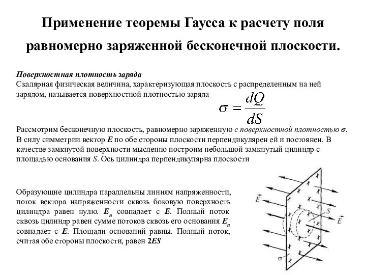 Применение теоремы Гаусса к расчету поля равномерно заряженной бесконечной плоскости. Поверхностная