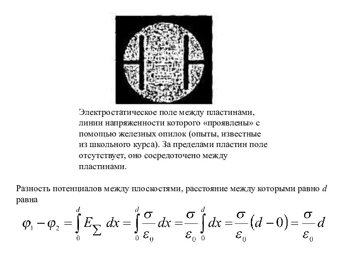 Электростатическое поле между пластинами, линии напряженности которого «проявлены» с помощью железных