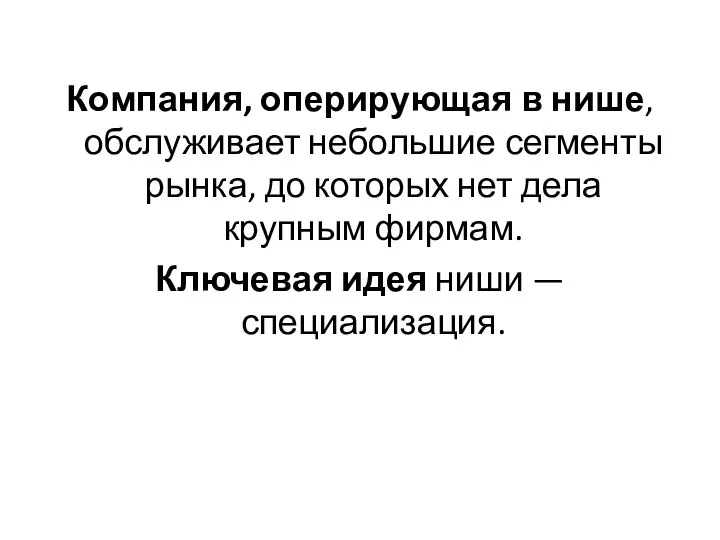 Компания, оперирующая в нише, обслуживает небольшие сегменты рынка, до которых нет