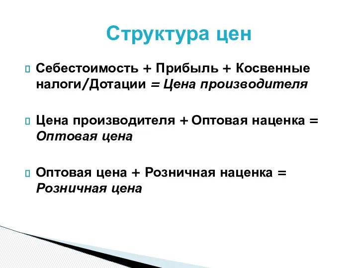 Себестоимость + Прибыль + Косвенные налоги/Дотации = Цена производителя Цена производителя