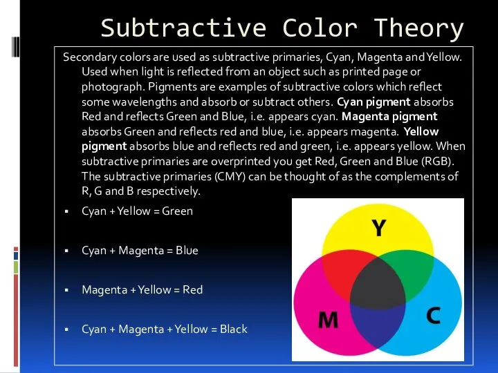 Subtractive Color Theory Secondary colors are used as subtractive primaries, Cyan,