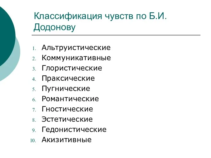 Классификация чувств по Б.И. Додонову Альтруистические Коммуникативные Глористические Праксические Пугнические Романтические Гностические Эстетические Гедонистические Акизитивные