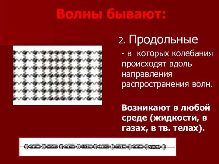 Волны бывают: 2. Продольные - в которых колебания происходят вдоль направления