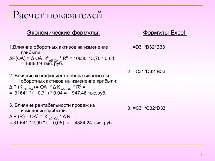 Расчет показателей Экономические формулы: 1.Влияние оборотных активов на изменение прибыли: ΔР(ОА)