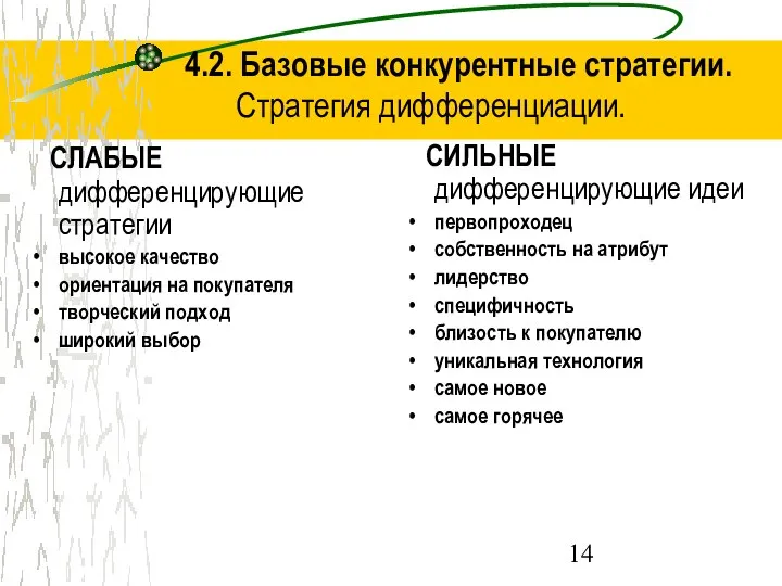 4.2. Базовые конкурентные стратегии. Стратегия дифференциации. СЛАБЫЕ дифференцирующие стратегии высокое качество