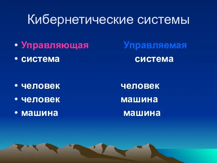 Кибернетические системы Управляющая Управляемая система система человек человек человек машина машина машина