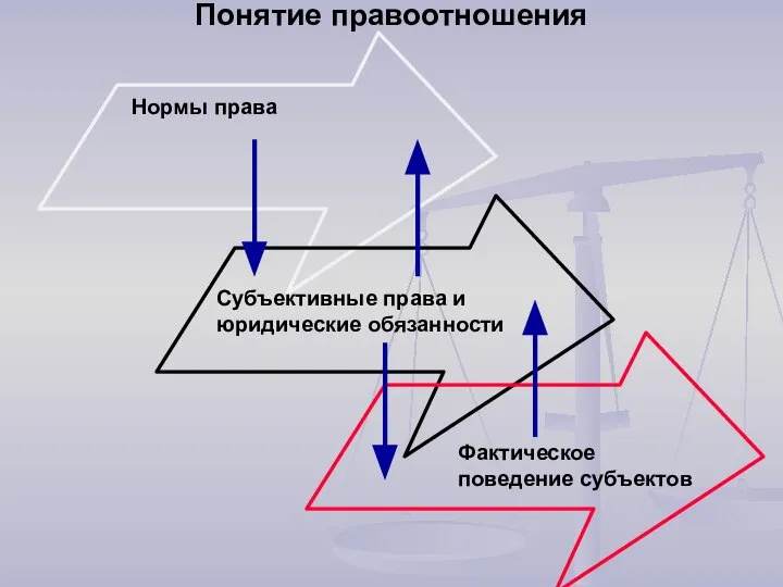 Понятие правоотношения Нормы права Субъективные права и юридические обязанности Фактическое поведение субъектов