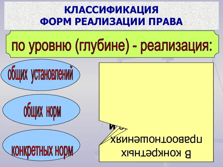 по уровню (глубине) - реализация: общих установлений общих норм конкретных норм