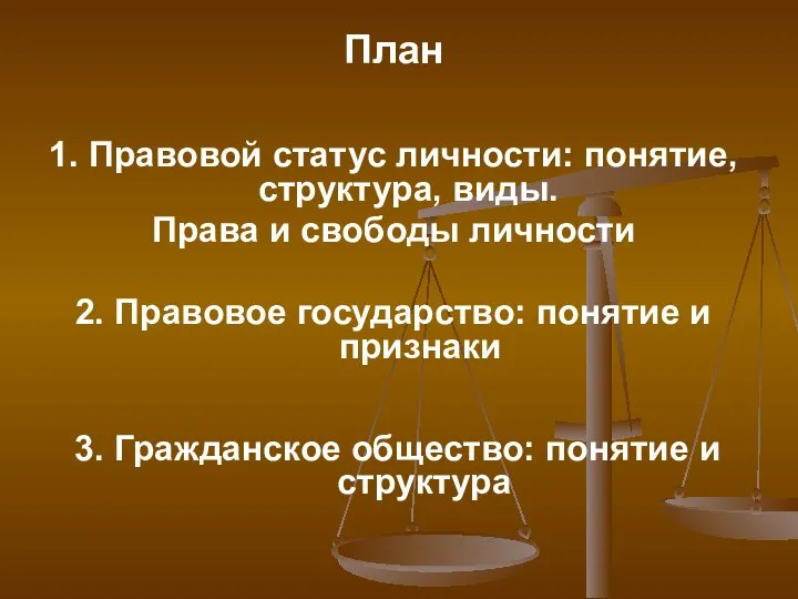 1. Правовой статус личности: понятие, структура, виды. Права и свободы личности