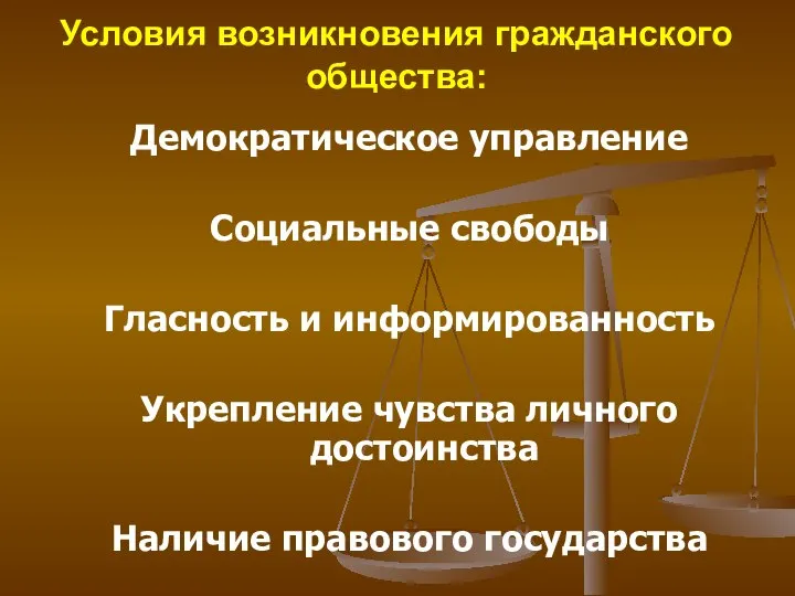 Условия возникновения гражданского общества: Демократическое управление Социальные свободы Гласность и информированность