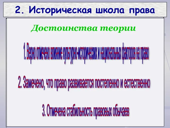 2. Историческая школа права 1. Верно отмечено влияние культурно-исторических и национальных