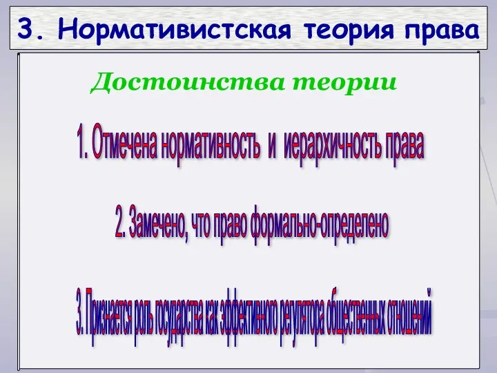 3. Нормативистская теория права 1. Отмечена нормативность и иерархичность права 2.