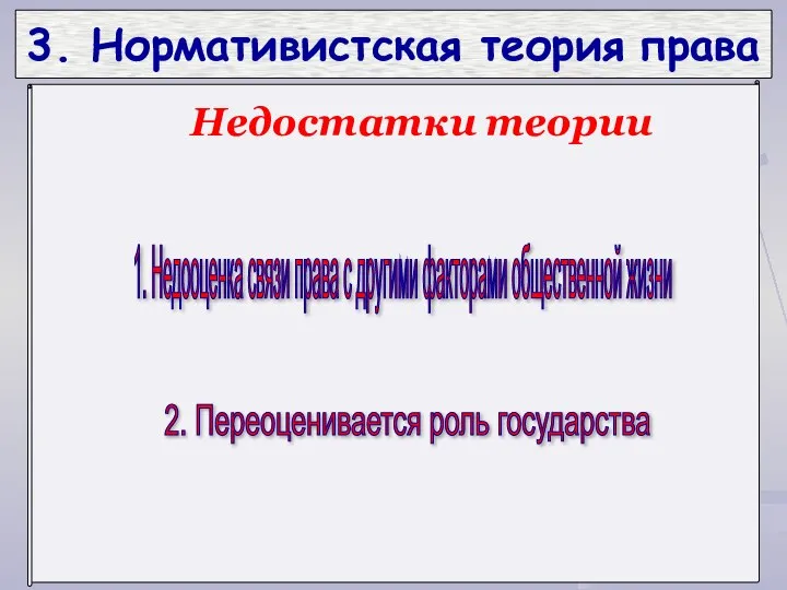 3. Нормативистская теория права 1. Недооценка связи права с другими факторами