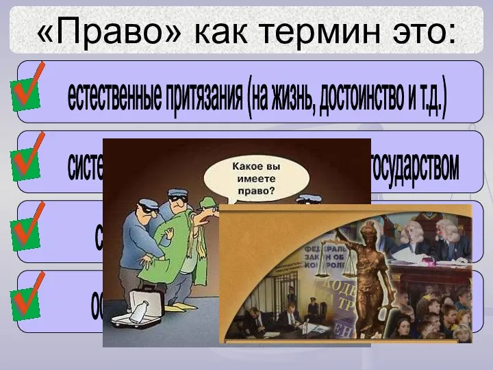 «Право» как термин это: естественные притязания (на жизнь, достоинство и т.д.)