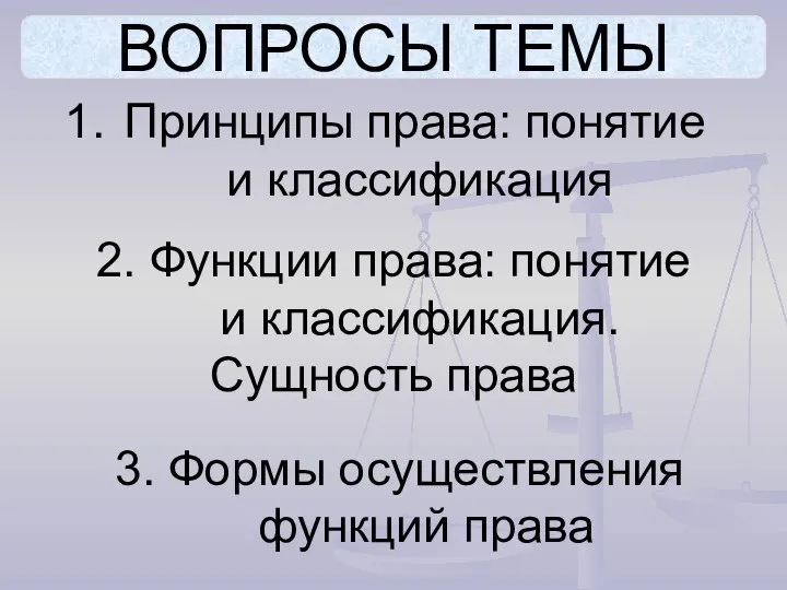 ВОПРОСЫ ТЕМЫ Принципы права: понятие и классификация 2. Функции права: понятие