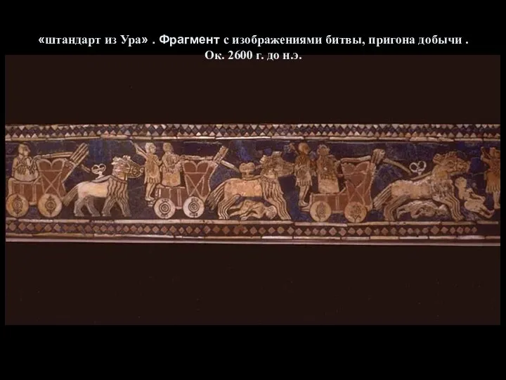 «штандарт из Ура» . Фрагмент с изображениями битвы, пригона добычи . Ок. 2600 г. до н.э.