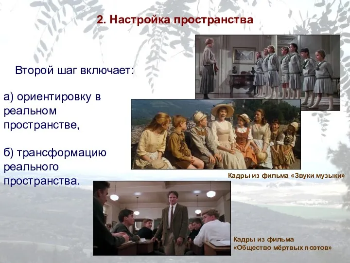 2. Настройка пространства а) ориентировку в реальном пространстве, б) трансформацию реального