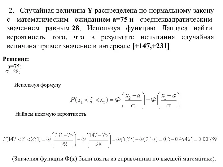 2. Случайная величина Y распределена по нормальному закону с математическим ожиданием
