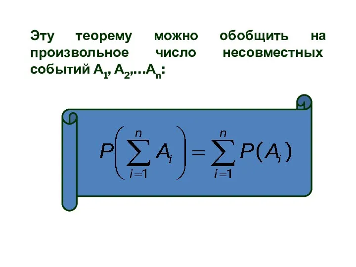 Эту теорему можно обобщить на произвольное число несовместных событий А1, А2,…Аn: