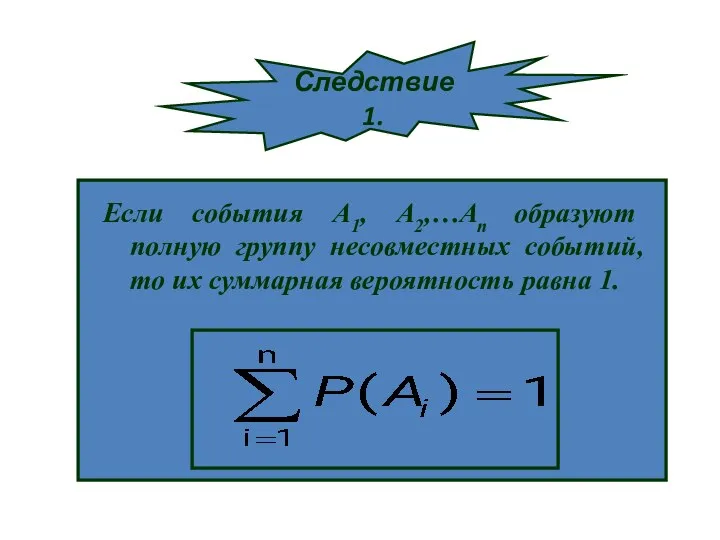 Если события А1, А2,…Аn образуют полную группу несовместных событий, то их