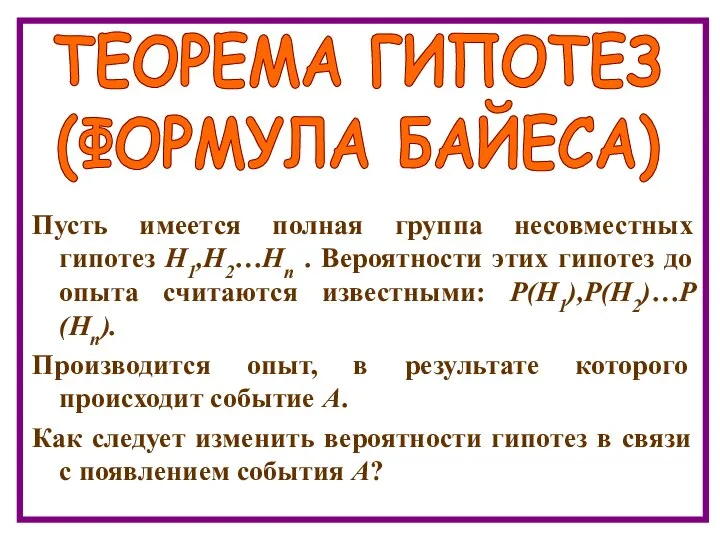 ТЕОРЕМА ГИПОТЕЗ (ФОРМУЛА БАЙЕСА) Пусть имеется полная группа несовместных гипотез Н1,Н2…Нn