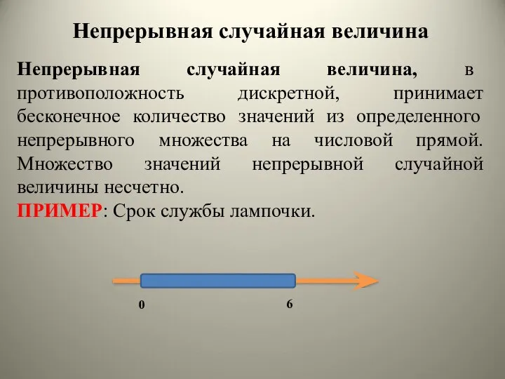 Непрерывная случайная величина Непрерывная случайная величина, в противоположность дискретной, принимает бесконечное