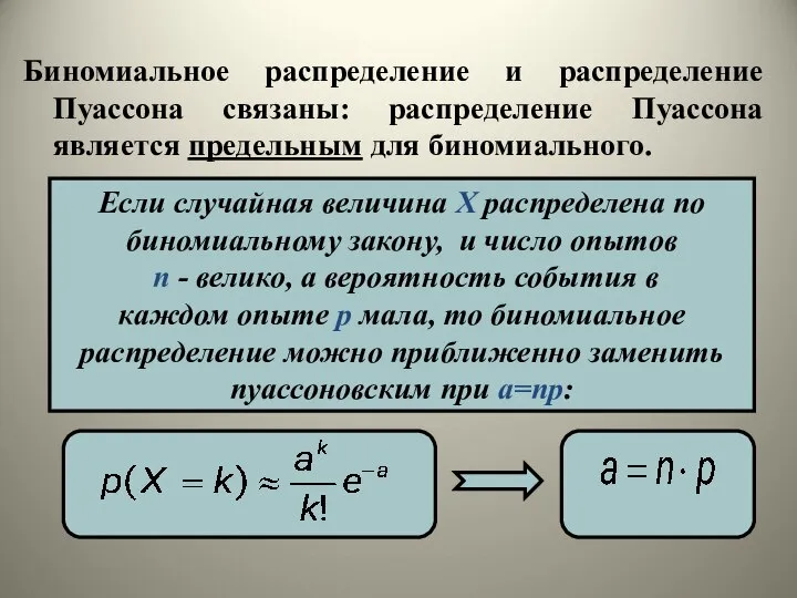 Биномиальное распределение и распределение Пуассона связаны: распределение Пуассона является предельным для