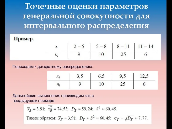 Точечные оценки параметров генеральной совокупности для интервального распределения Переходим к дискретному