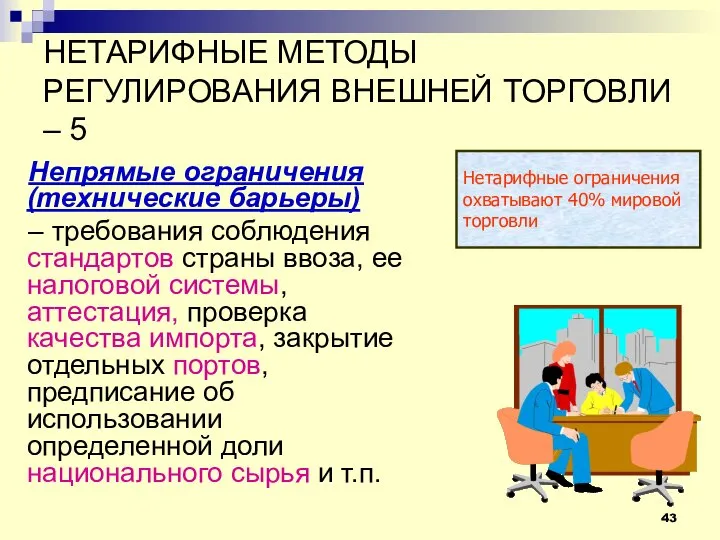 НЕТАРИФНЫЕ МЕТОДЫ РЕГУЛИРОВАНИЯ ВНЕШНЕЙ ТОРГОВЛИ – 5 Непрямые ограничения (технические барьеры)