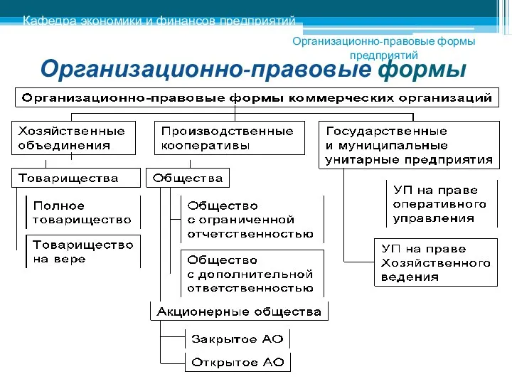 Организационно-правовые формы Кафедра экономики и финансов предприятий Организационно-правовые формы предприятий