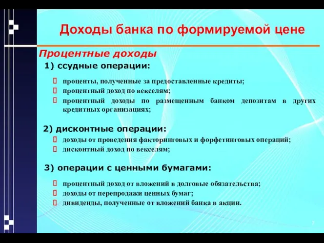 Доходы банка по формируемой цене Процентные доходы 1) ссудные операции: проценты,