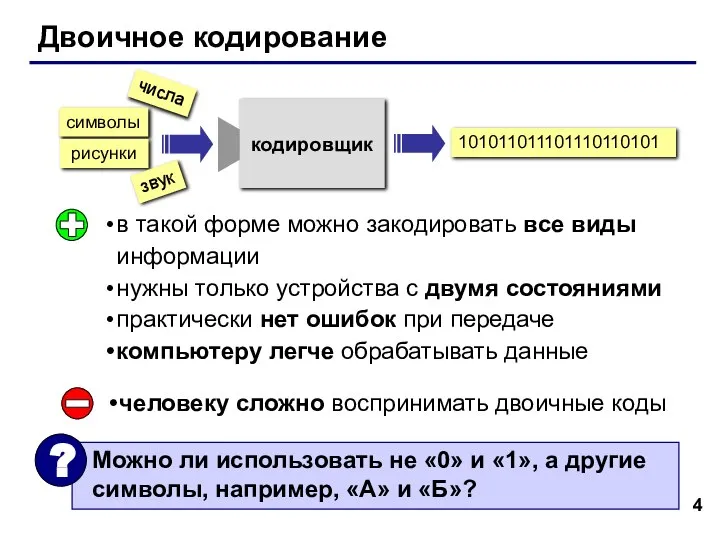 Двоичное кодирование в такой форме можно закодировать все виды информации нужны