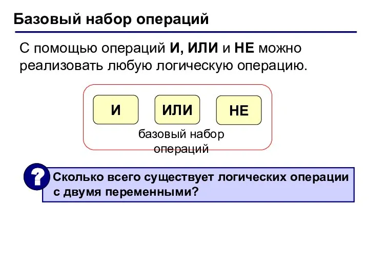 Базовый набор операций С помощью операций И, ИЛИ и НЕ можно реализовать любую логическую операцию.