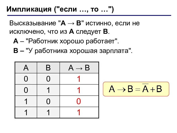 Импликация ("если …, то …") Высказывание "A → B" истинно, если