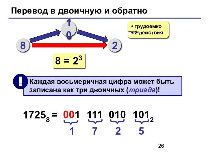 Перевод в двоичную и обратно 8 10 2 трудоемко 2 действия