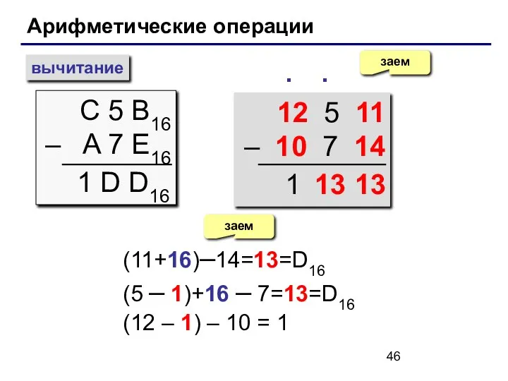 Арифметические операции вычитание С 5 B16 – A 7 E16 заем