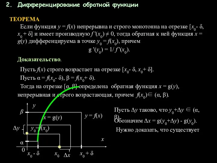 Дифференцирование обратной функции ТЕОРЕМА Если функция у = f(x) непрерывна и