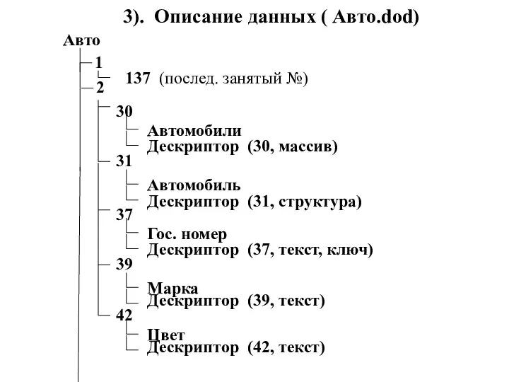 Авто 137 (послед. занятый №) Автомобили 3). Описание данных ( Авто.dod)