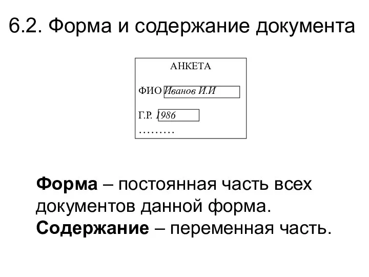 6.2. Форма и содержание документа АНКЕТА ФИО Иванов И.И Г.Р. 1986