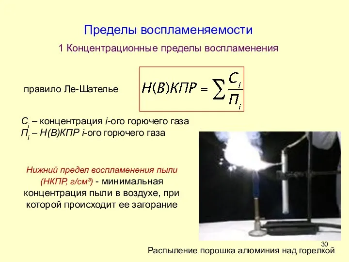 Пределы воспламеняемости 1 Концентрационные пределы воспламенения правило Ле-Шателье Ci – концентрация