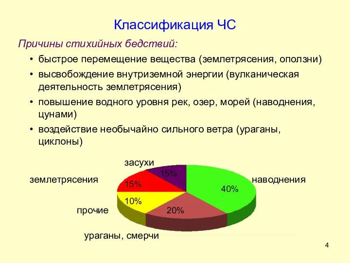 Причины стихийных бедствий: быстрое перемещение вещества (землетрясения, оползни) высвобождение внутриземной энергии