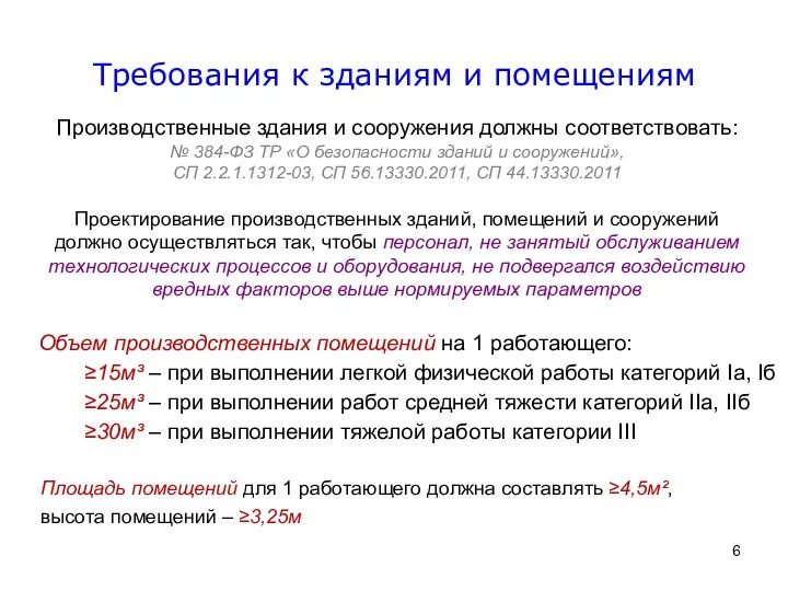 Требования к зданиям и помещениям Объем производственных помещений на 1 работающего: