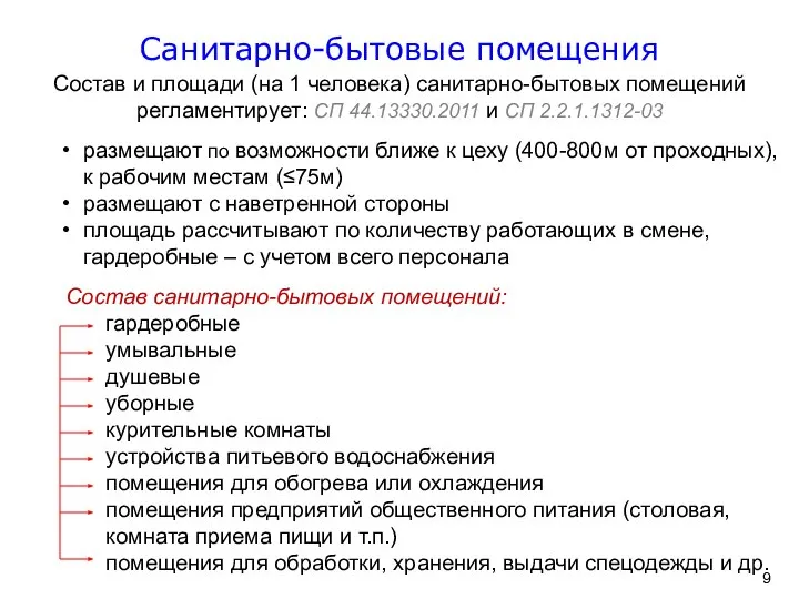 Санитарно-бытовые помещения Состав и площади (на 1 человека) санитарно-бытовых помещений регламентирует: