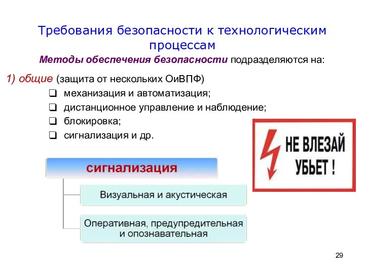Методы обеспечения безопасности подразделяются на: общие (защита от нескольких ОиВПФ) механизация