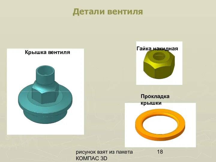 рисунок взят из пакета КОМПАС 3D Детали вентиля Крышка вентиля Гайка накидная Прокладка крышки