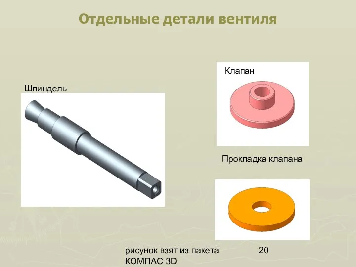 рисунок взят из пакета КОМПАС 3D Отдельные детали вентиля Шпиндель Клапан Прокладка клапана